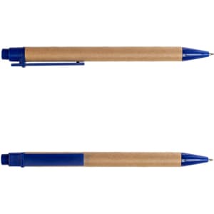 A blue pen with a cardboard barrel and a clip, displayed from two angles on a white background.