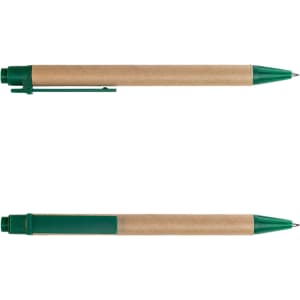 A cardboard pen with a green top and clip, featuring a natural kraft paper barrel.