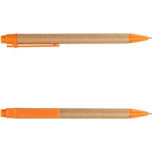 A cardboard pen featuring an orange tip and clip, with a natural kraft paper barrel.