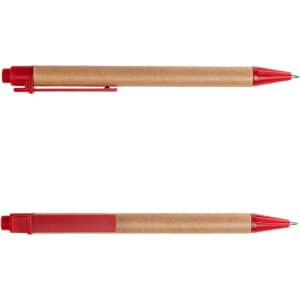 A cardboard pen with a red clip and tip, featuring a natural brown paper barrel, is displayed from two angles.