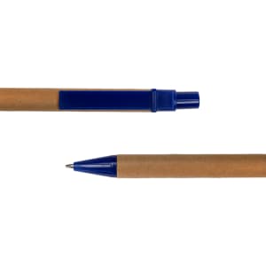A cardboard pen with a blue plastic cap and tip, featuring a simple design.