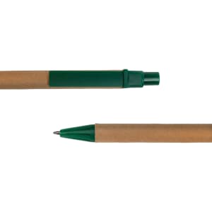 A cardboard pen with a green cap and tip, featuring a natural kraft paper barrel.