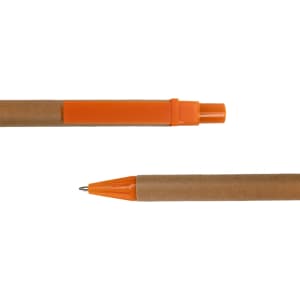 A cardboard pen with an orange clip and tip, featuring a natural brown paper barrel.