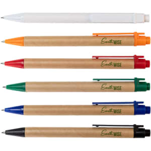 A collection of six pens in various colors, including white, orange, red, green, blue, and black, with cardboard bodies.