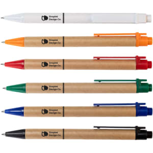 A collection of six pens in various colors: white, orange, red, green, blue, and black, with a cardboard design and logo.