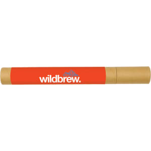 A cylindrical tube with an orange wrapper and a logo, featuring a brown cardboard cap on one end.