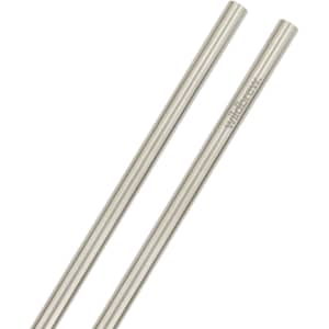 Two stainless steel straws in a silver finish, featuring a logo on one straw.