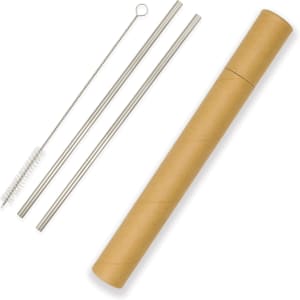 A drink bottle with two stainless steel straws, a cleaning brush, and a cylindrical cardboard container.