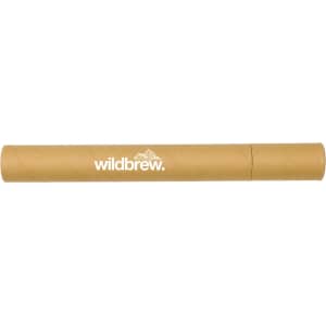 A cylindrical brown packaging tube with a logo printed on it.