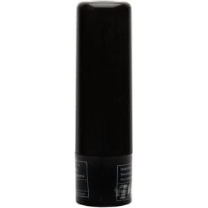 A black lip balm stick with a smooth surface and a round top, featuring a logo on the base.
