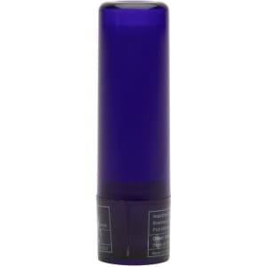 A lip balm stick packaged in a blue cylindrical tube, featuring a black base with ingredient information on the label.
