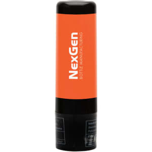 A lip balm stick with a black and orange tube, featuring the label "NexGen Bottle Manufacturing."