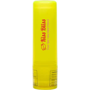 A lip balm stick in a bright yellow container labeled "Kiss Bliss" with the tagline "Your lips' new best friend."