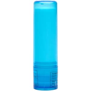 A lip balm stick in a translucent blue container.