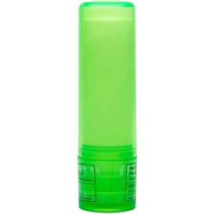 A green lip balm stick with a clear body and a twist-up mechanism. The label includes ingredient information.