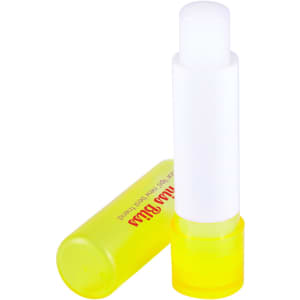 A lip balm stick in a vibrant yellow tube, featuring a white cap and clear body for easy viewing of the product inside.