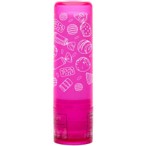 A lip balm stick in a vibrant pink tube featuring white illustrations of various candies and desserts.