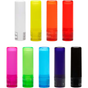 A collection of ten lip balm sticks in various colours, including white, yellow, orange, red, pink, green, blue, purple, and black.