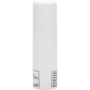 A lip balm stick with a plain white cap and a labeled base indicating ingredients and usage instructions.