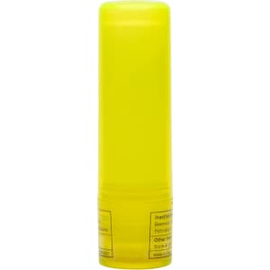 A lip balm stick in a bright yellow container. The packaging includes ingredient information on the bottom label.