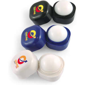 Three cube lip balms in black, blue, and white with a round balm top, each featuring a logo.