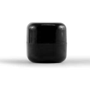 A black cube lip balm container with a glossy finish and rounded edges, featuring a simple design.