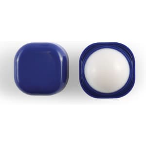 A cube-shaped lip balm in a deep blue container with a white balm visible inside. The container has a logo.