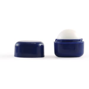 A navy blue cube lip balm with a smooth, round top and a matching lid. It features a logo.