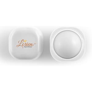 A white cube lip balm container with a smooth, round balm inside and a logo on the lid.