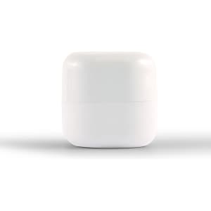 A white cube lip balm container with a smooth finish and a sleek design, featuring a logo on the top.