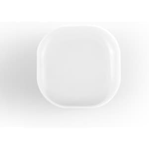 A white cube-shaped lip balm container with rounded edges, featuring a smooth surface and a logo.
