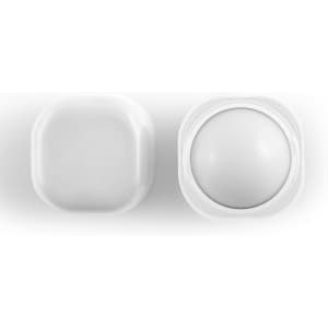 A cube-shaped lip balm container in white, featuring a rounded balm interior. The product has a simple design and includes branding.