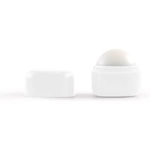 A white cube lip balm with a round top, featuring a removable lid. Simplistic design with no visible branding.