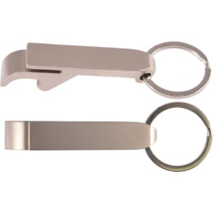 A drink bottle opener and keytag in silver color with a ring attachment, featuring a sleek, minimalist design.