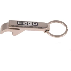 A drink bottle opener keytag in silver with a keyring attachment, featuring a brand logo.