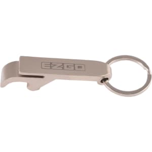 A drink bottle opener keytag in metallic silver, featuring a keyring and a logo.