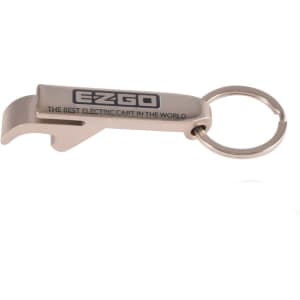 A drink bottle opener and keytag in silver metal, featuring a logo and a keyring attachment.