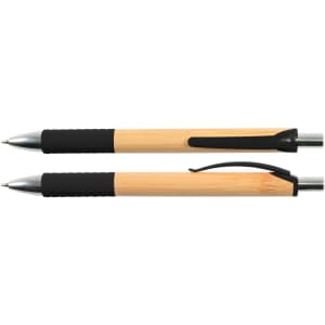 A bamboo pen featuring a silver clip and accents, with a textured black grip.