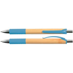 A bamboo pen with a blue grip and clip, featuring a shiny silver tip. Two pens are shown in the image.