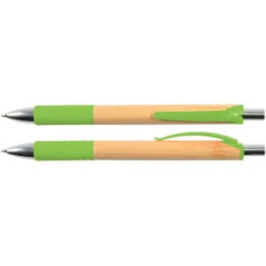 Two bamboo pens featuring green grips and clips, with silver tips for writing.