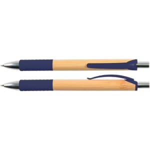 A bamboo pen in natural wood color with navy blue accents and grips, featuring a silver clip and tip.