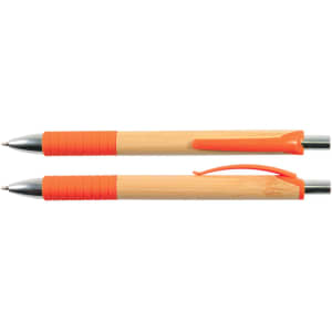 A bamboo pen with orange accents and grips, featuring a silver clip and ballpoint tip.