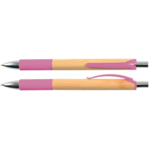 A bamboo pen with a pink grip and clip. The pen features a polished metal tip and is designed for writing.