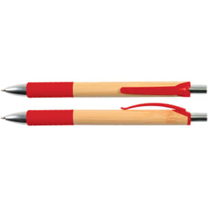 A red and bamboo pen with a smooth finish and a textured grip, featuring a clip and silver accents.