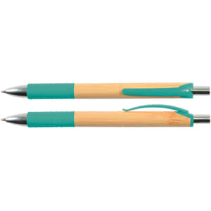 A bamboo pen featuring a teal grip and accents, with a sleek silver clip and tip.