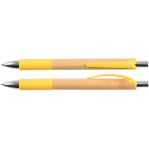 A bamboo pen set featuring a natural bamboo body and bright yellow accents, including a ribbed grip and click mechanism.