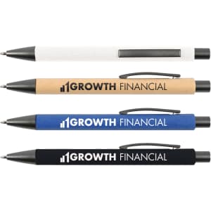 A collection of four Aspen Paper Pens in white, brown, blue, and black, featuring a logo on each pen.
