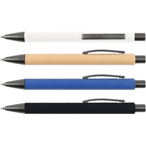 Four Aspen Paper Pens in white, kraft, blue, and black with metal accents and clips. Each pen has a logo.