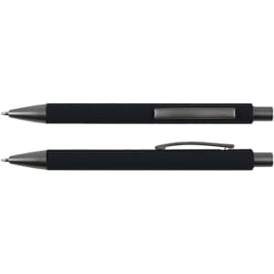 A black pen with a rubber grip and metal accents, featuring a cap and clip design.