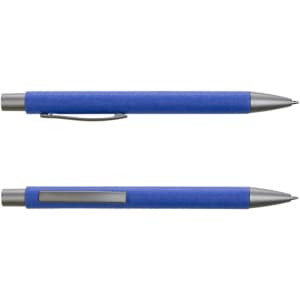 A blue pen with a textured grip and a silver clip, featuring a sleek design and a brushed metal finish.